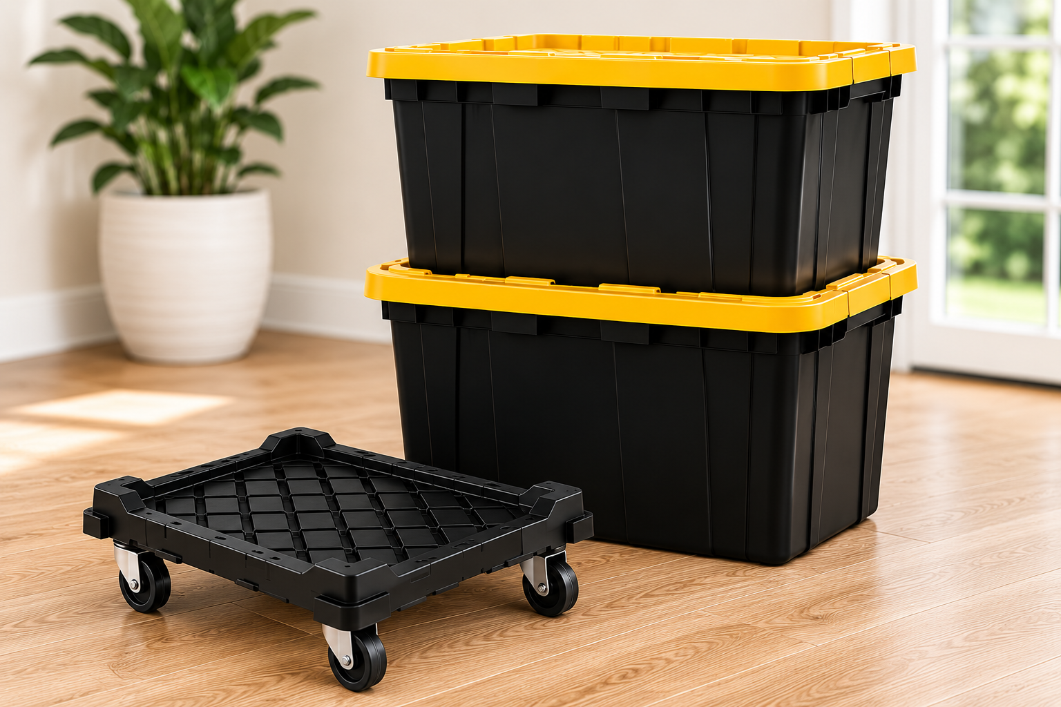 Reusable moving totes with yellow lids and a rolling dolly